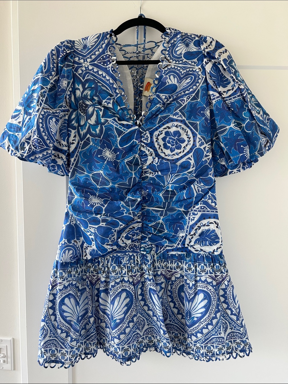 FARM Rio Tile Dream Puff Sleeve Mini Dress Blue